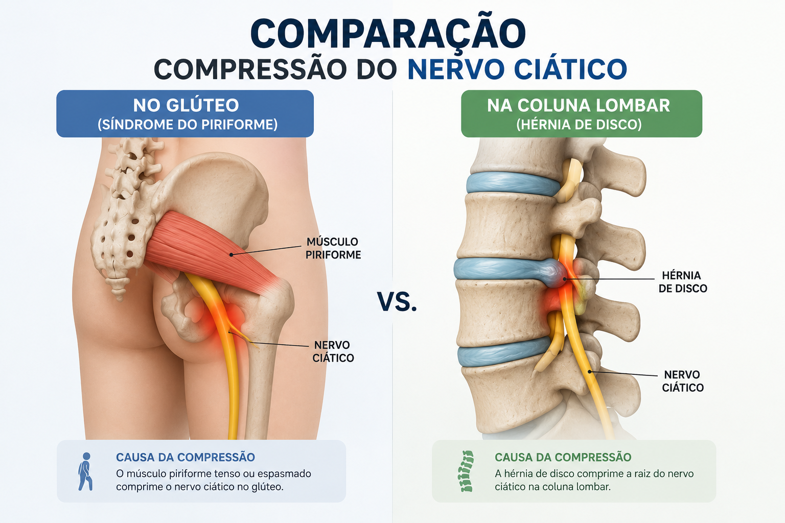 Comparação entre compressão do nervo ciático no glúteo e na coluna lombar