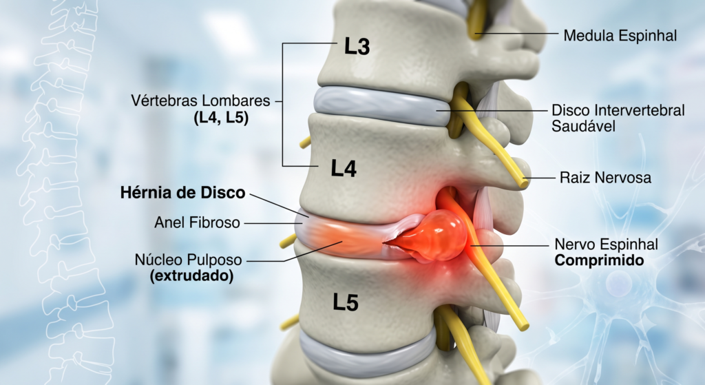 Ilustração de hérnia de disco comprimindo uma raiz nervosa